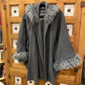 Dennis Basso Gray Hooded Coat with Faux Fur Trim